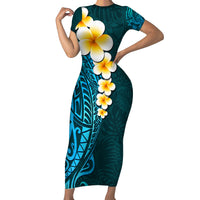 Turquosie Polynesia Family Matching Short Sleeve Bodycon Dress and Hawaiian Shirt Plumeria Tropical Leaves With Galaxy Polynesian Art - Wonder Print Shop