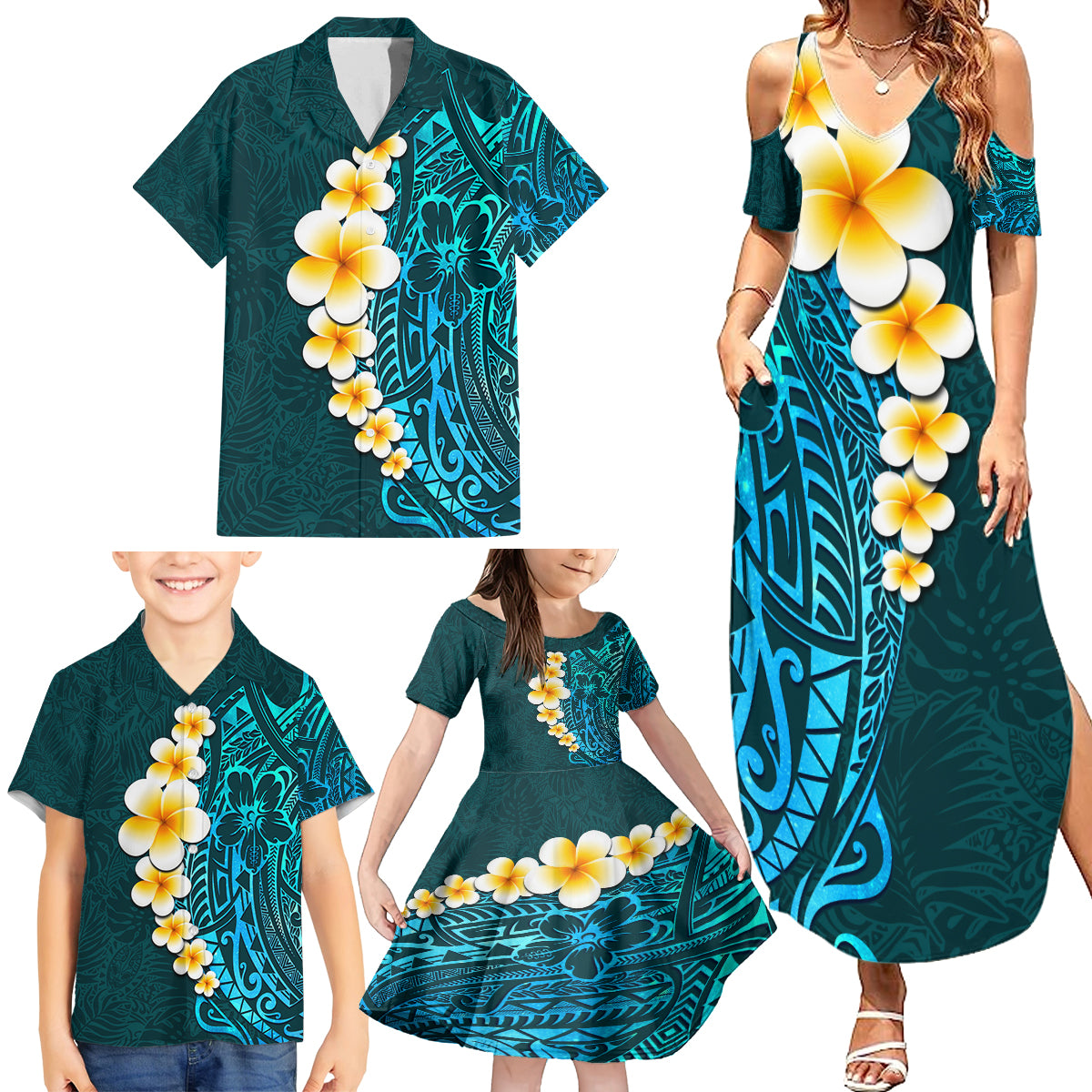 Turquosie Polynesia Family Matching Summer Maxi Dress and Hawaiian Shirt Plumeria Tropical Leaves With Galaxy Polynesian Art - Wonder Print Shop