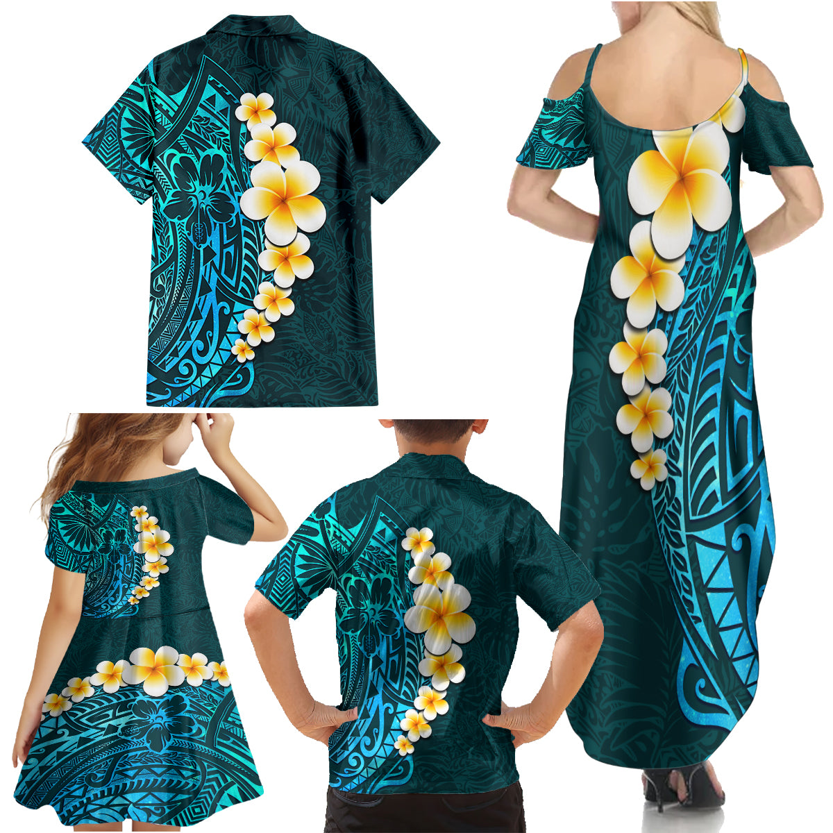 Turquosie Polynesia Family Matching Summer Maxi Dress and Hawaiian Shirt Plumeria Tropical Leaves With Galaxy Polynesian Art - Wonder Print Shop