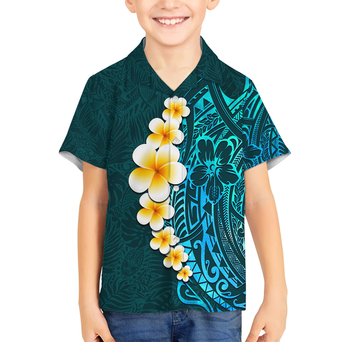 Turquosie Polynesia Family Matching Summer Maxi Dress and Hawaiian Shirt Plumeria Tropical Leaves With Galaxy Polynesian Art - Wonder Print Shop