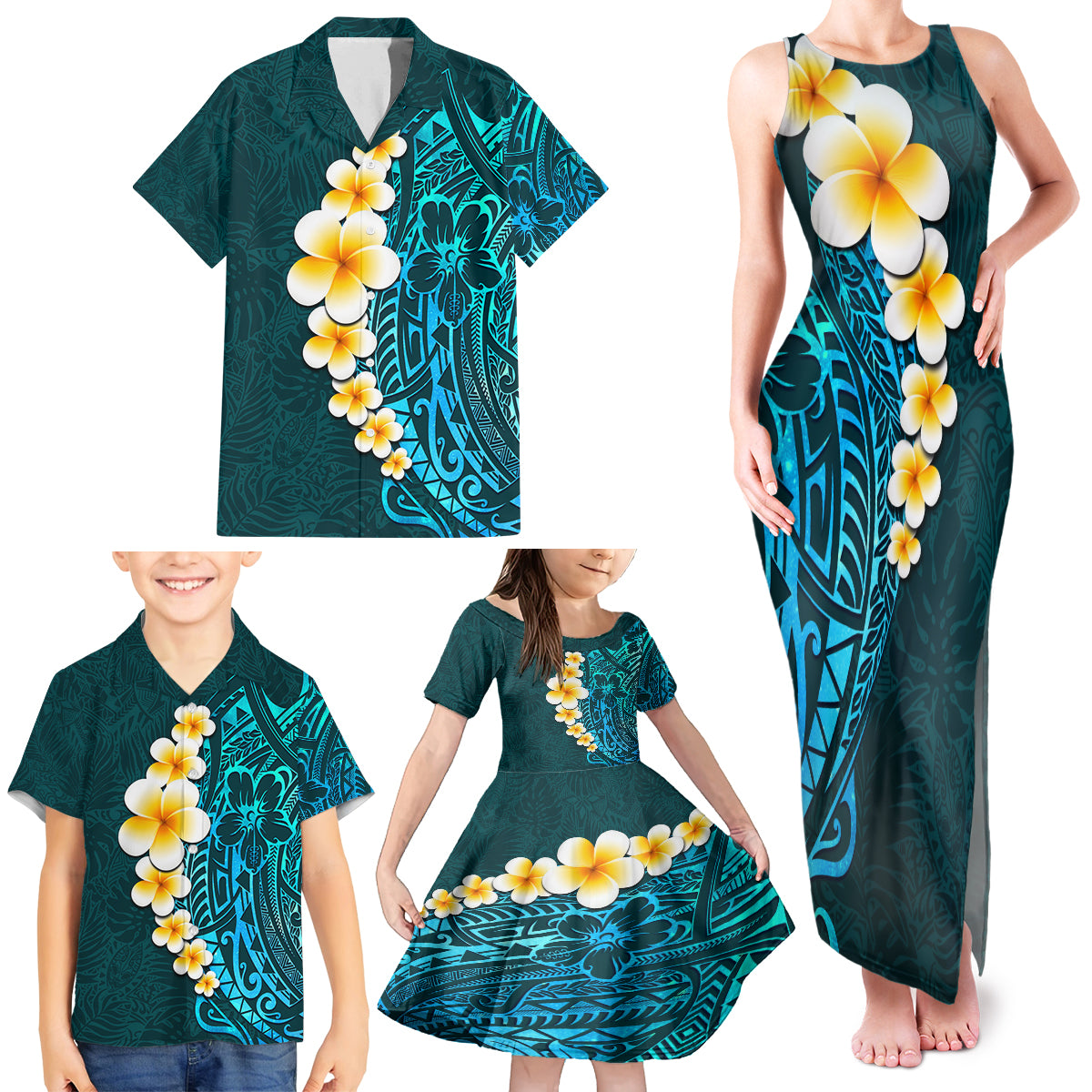 Turquosie Polynesia Family Matching Tank Maxi Dress and Hawaiian Shirt Plumeria Tropical Leaves With Galaxy Polynesian Art - Wonder Print Shop