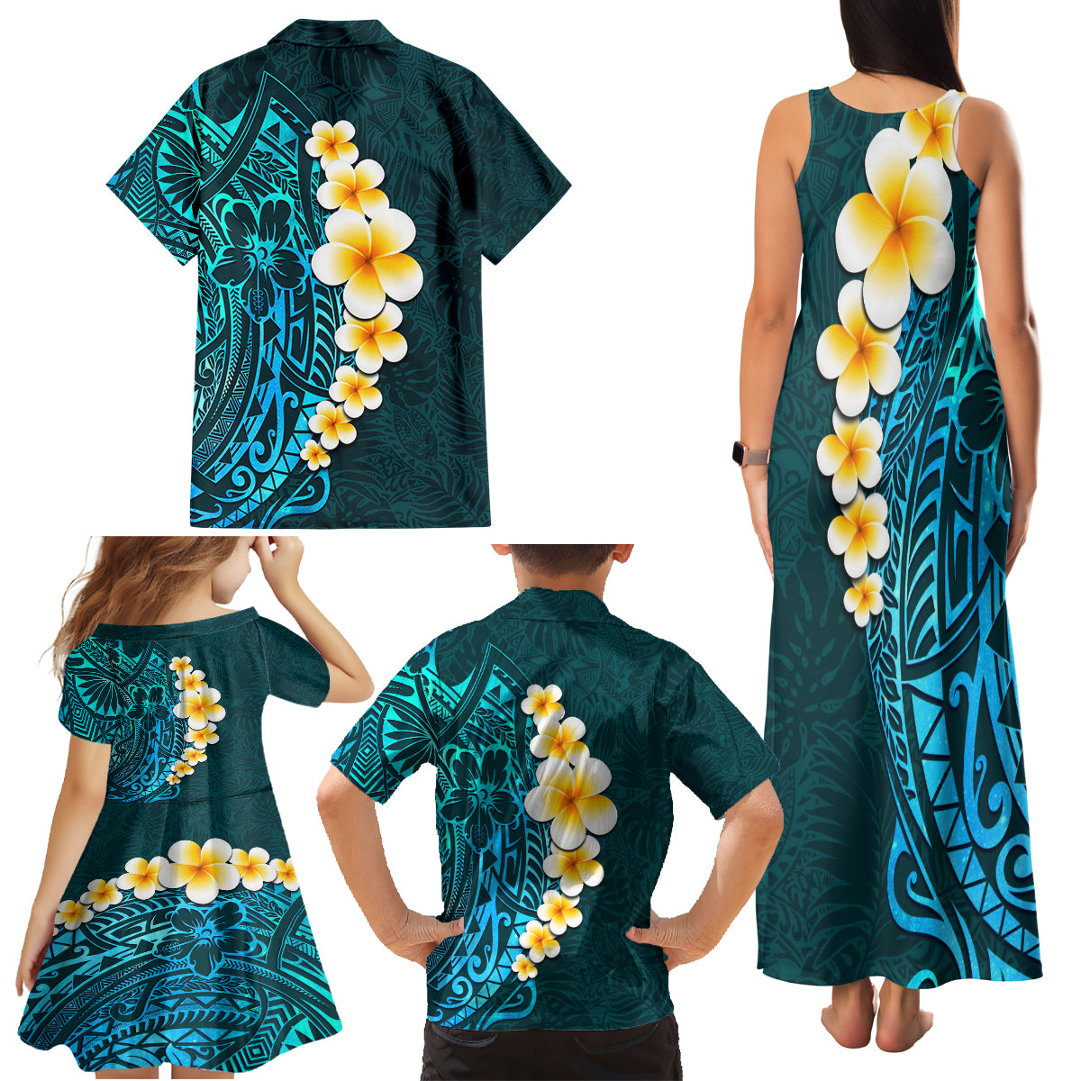 Turquosie Polynesia Family Matching Tank Maxi Dress and Hawaiian Shirt Plumeria Tropical Leaves With Galaxy Polynesian Art - Wonder Print Shop