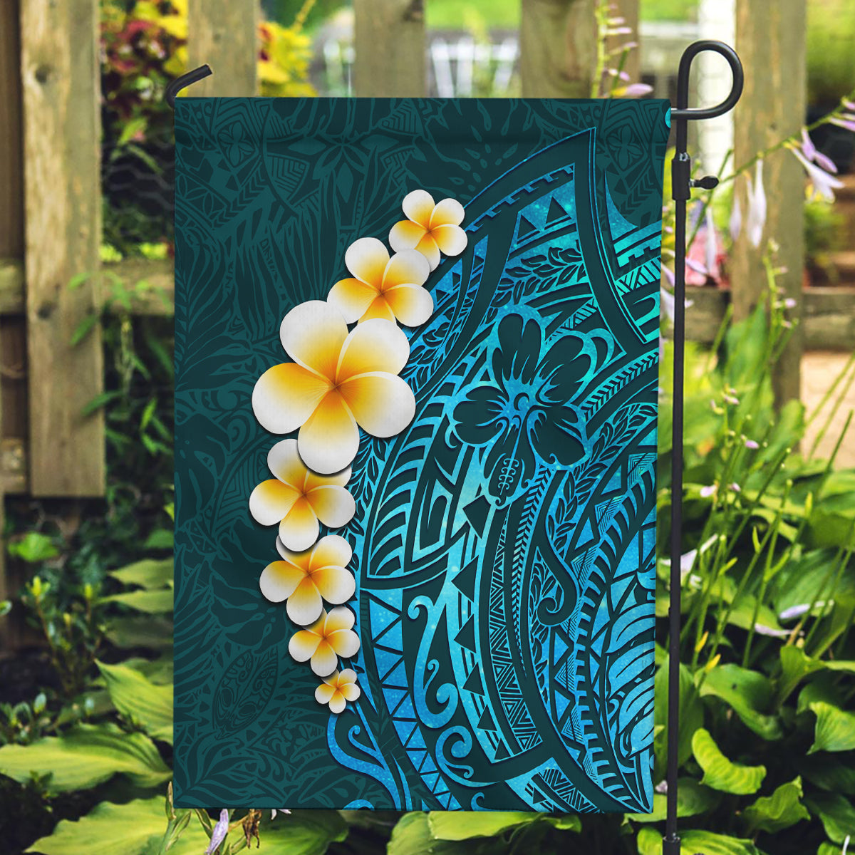 Turquosie Polynesia Garden Flag Plumeria Tropical Leaves With Galaxy Polynesian Art - Wonder Print Shop