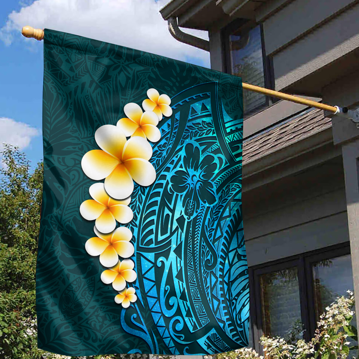 Turquosie Polynesia Garden Flag Plumeria Tropical Leaves With Galaxy Polynesian Art - Wonder Print Shop