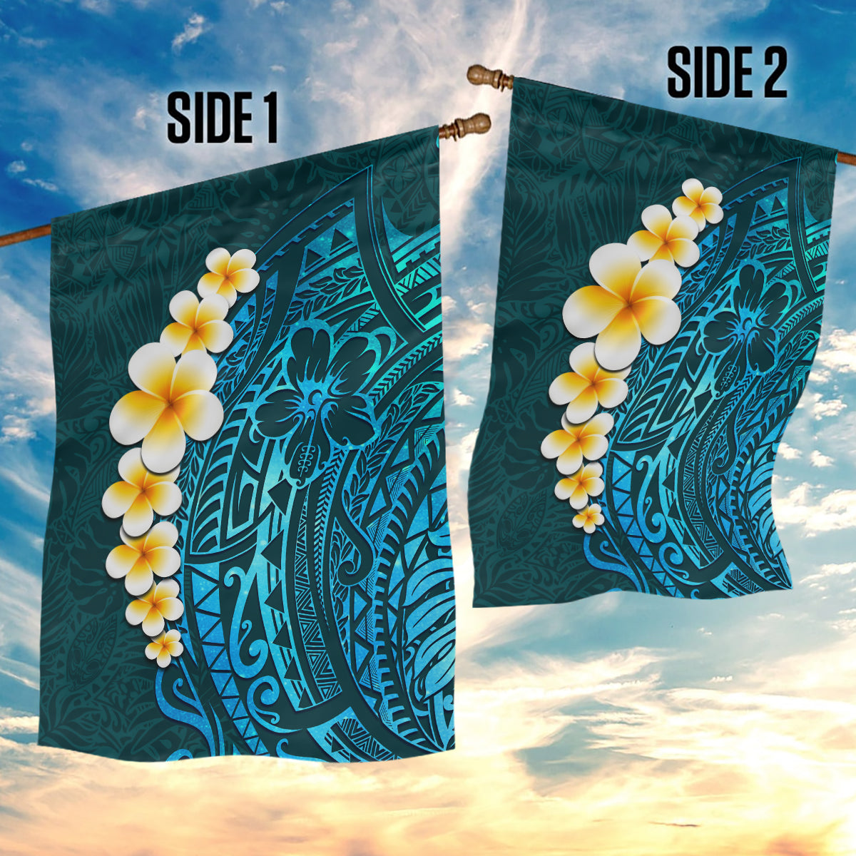 Turquosie Polynesia Garden Flag Plumeria Tropical Leaves With Galaxy Polynesian Art - Wonder Print Shop
