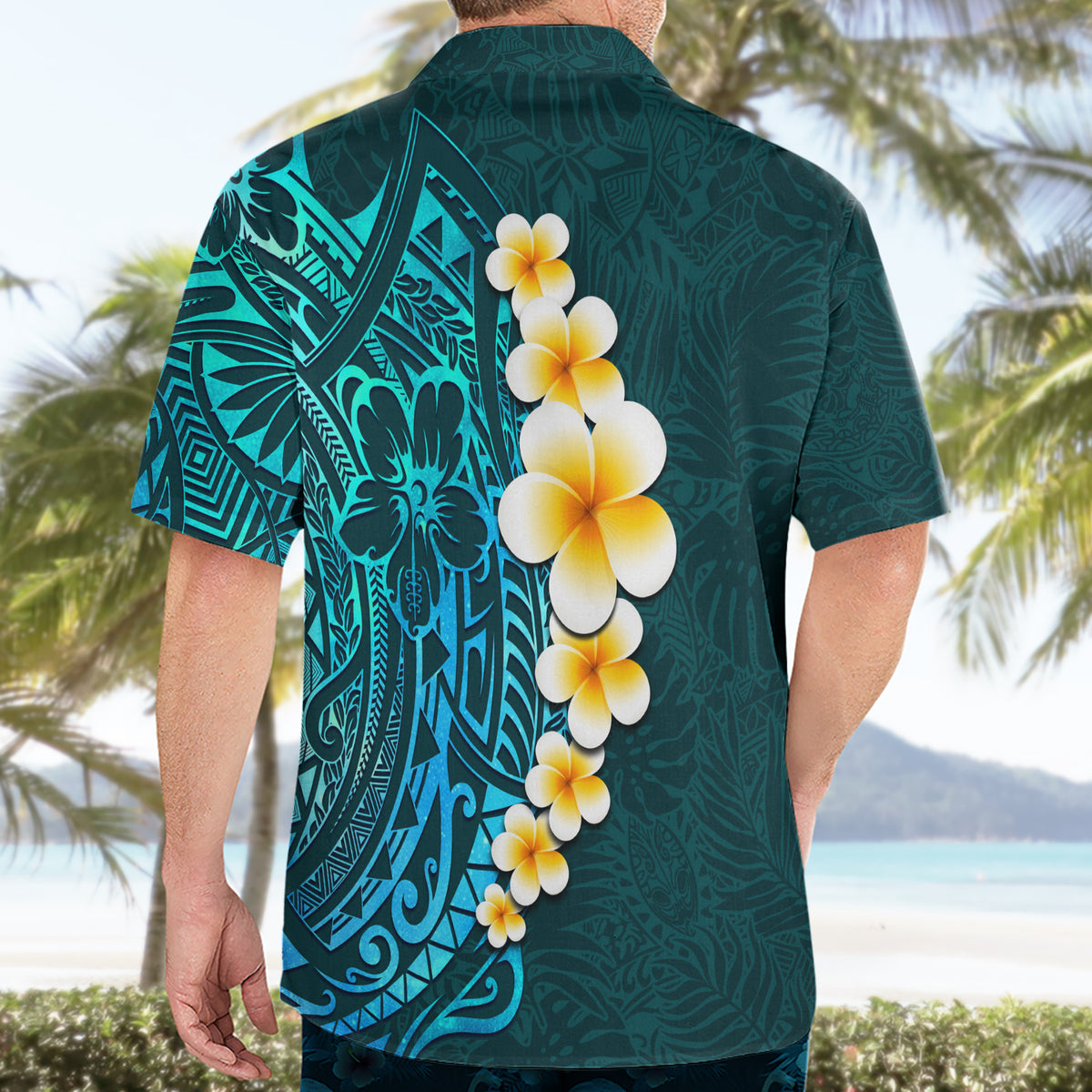 Turquosie Polynesia Hawaiian Shirt Plumeria Tropical Leaves With Galaxy Polynesian Art - Wonder Print Shop