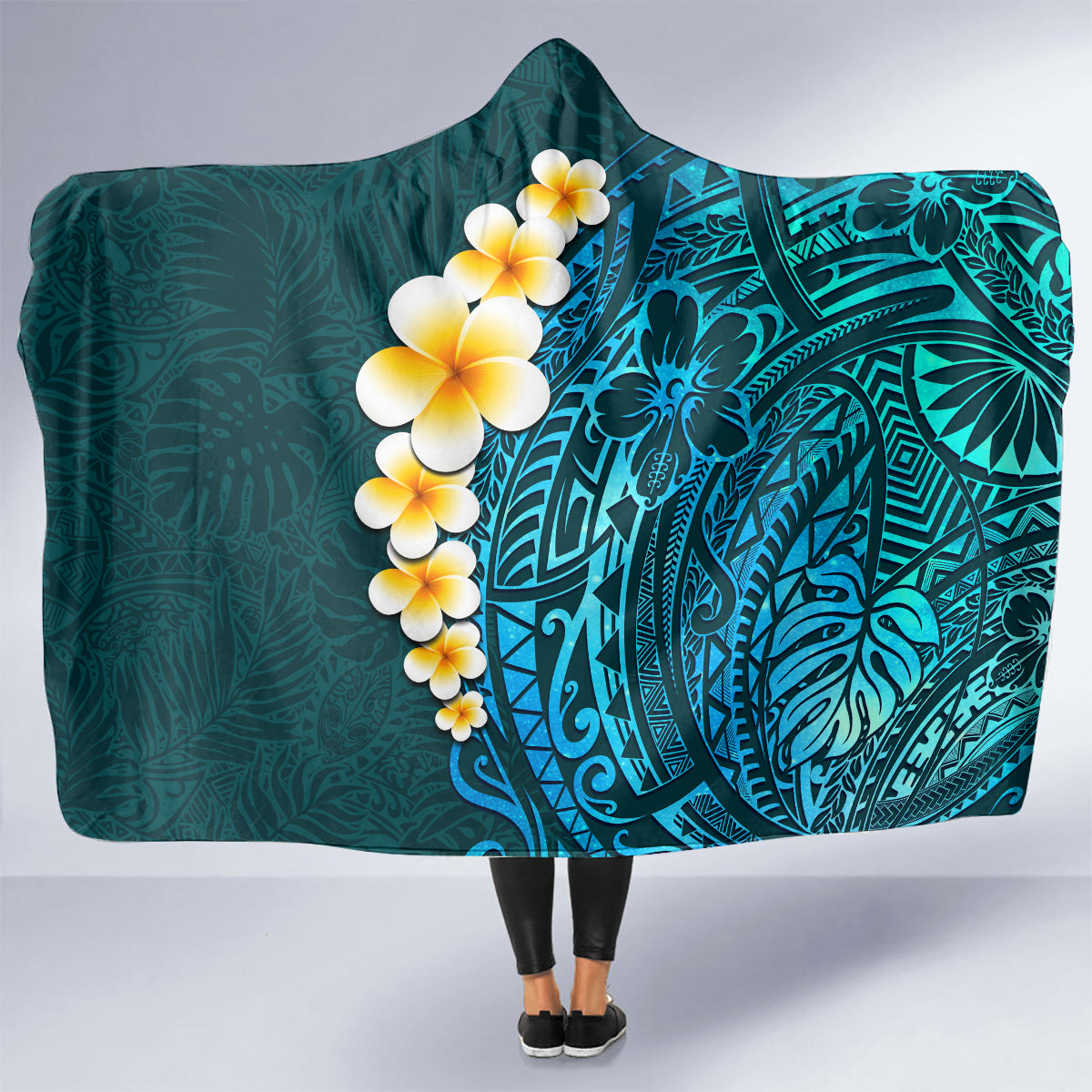 turquosie-polynesia-hooded-blanket-plumeria-tropical-leaves-with-galaxy-polynesian-art