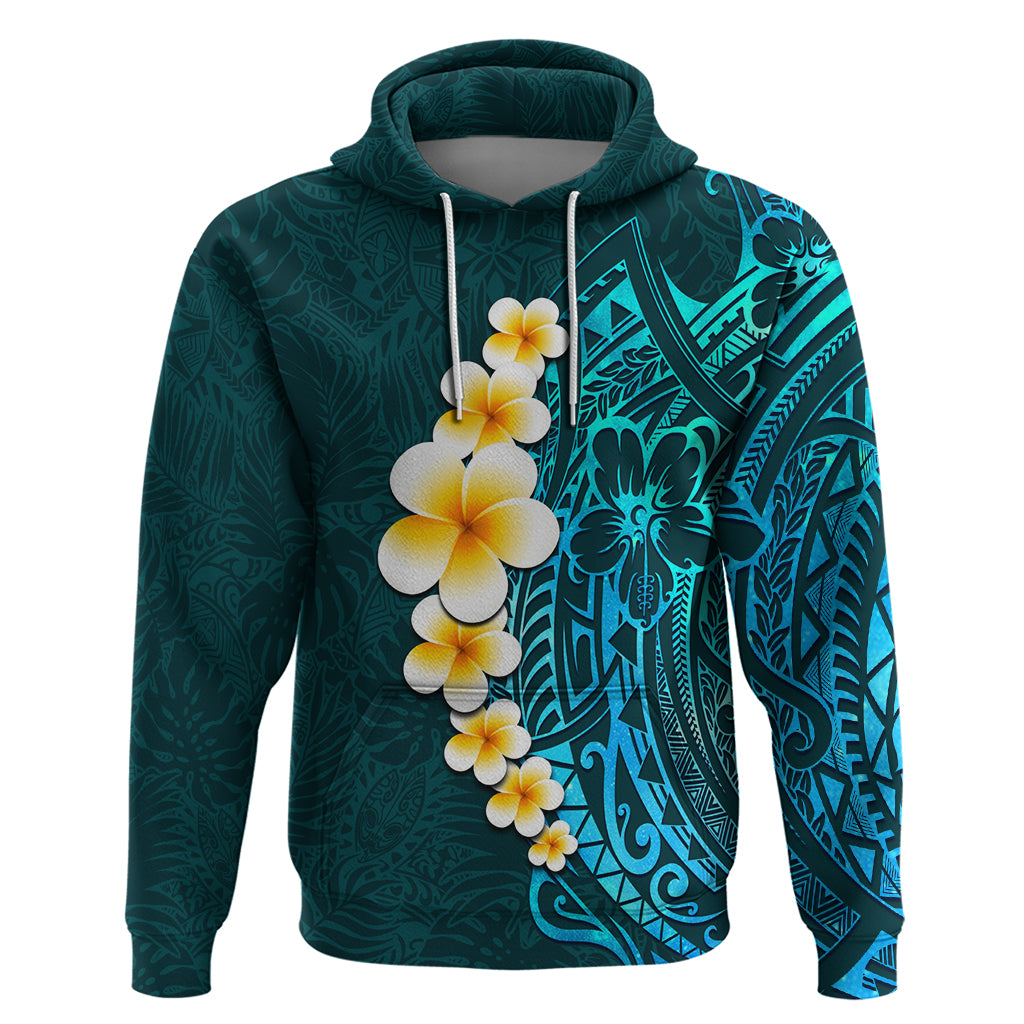Turquosie Polynesia Hoodie Plumeria Tropical Leaves With Galaxy Polynesian Art - Wonder Print Shop