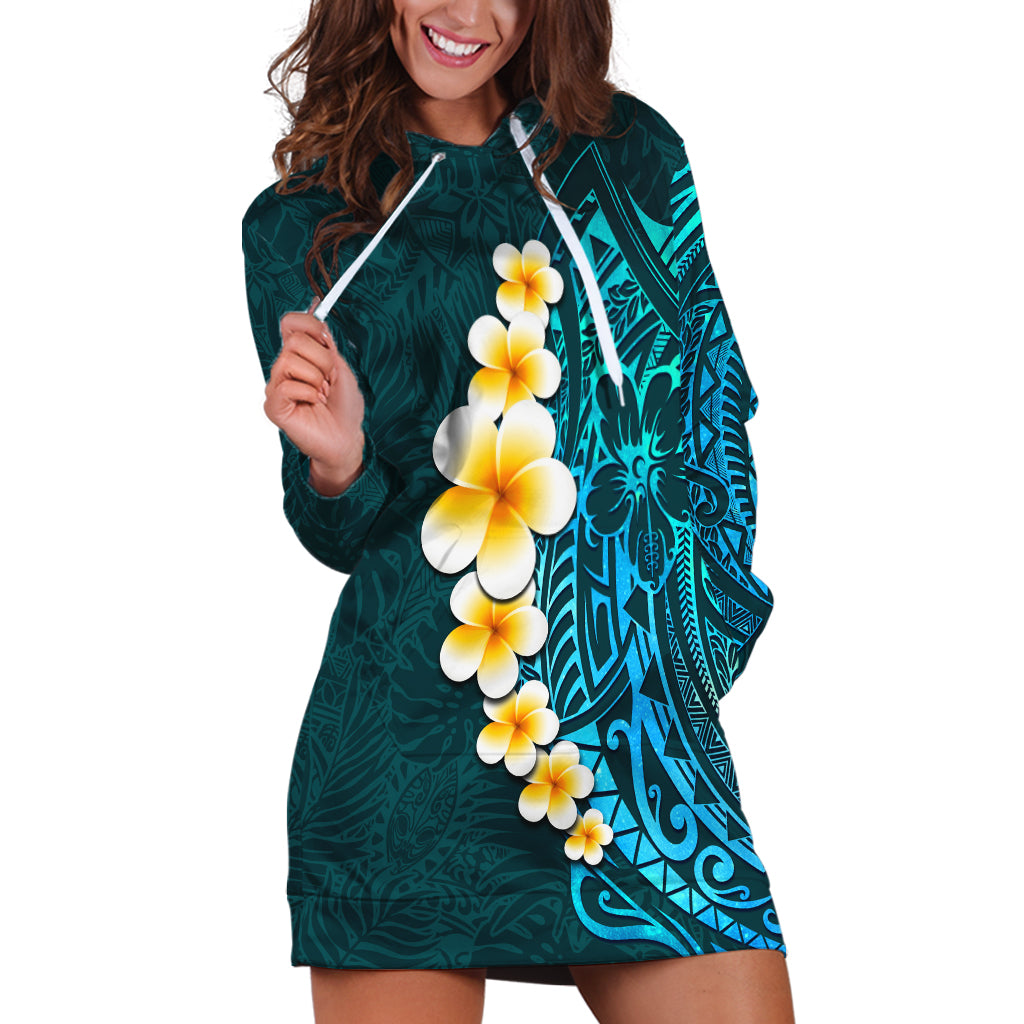 turquosie-polynesia-hoodie-dress-plumeria-tropical-leaves-with-galaxy-polynesian-art
