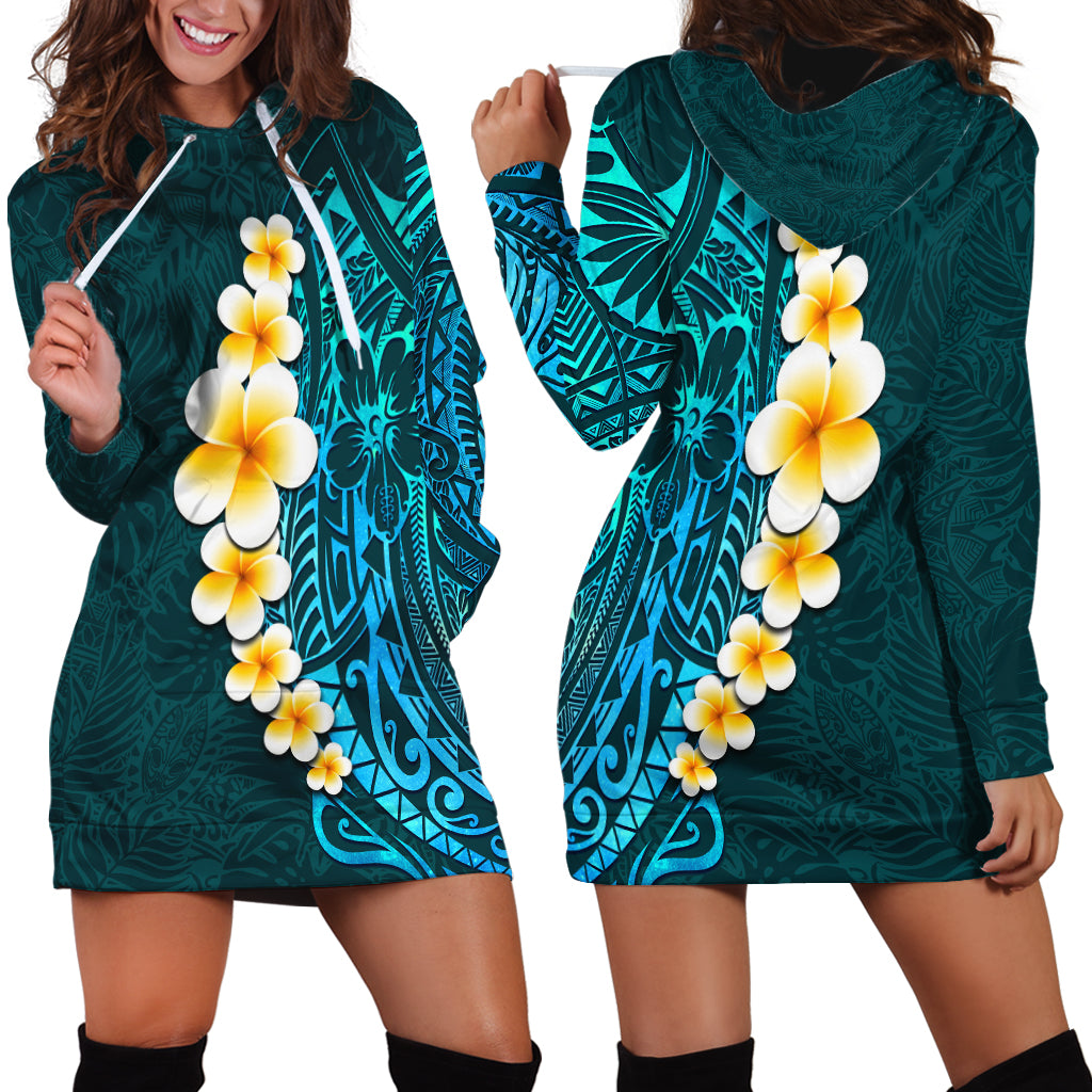 Turquosie Polynesia Hoodie Dress Plumeria Tropical Leaves With Galaxy Polynesian Art - Wonder Print Shop