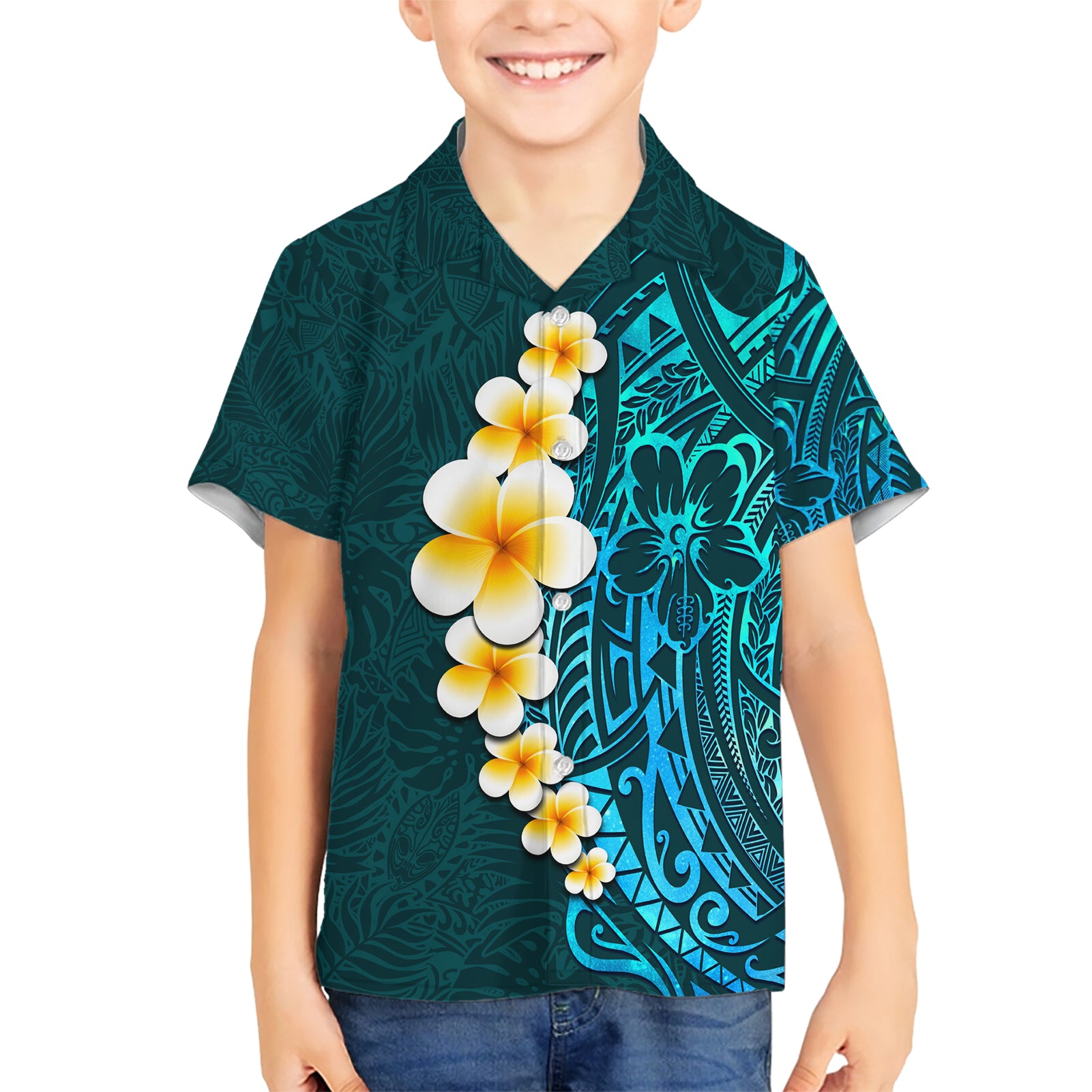 Turquosie Polynesia Kid Hawaiian Shirt Plumeria Tropical Leaves With Galaxy Polynesian Art - Wonder Print Shop