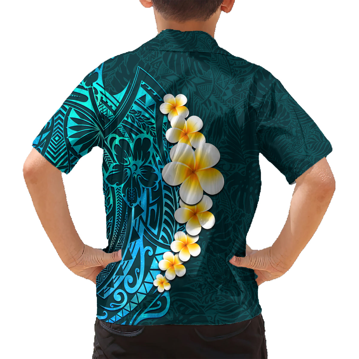 Turquosie Polynesia Kid Hawaiian Shirt Plumeria Tropical Leaves With Galaxy Polynesian Art - Wonder Print Shop