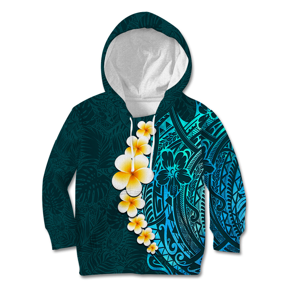 Turquosie Polynesia Kid Hoodie Plumeria Tropical Leaves With Galaxy Polynesian Art - Wonder Print Shop