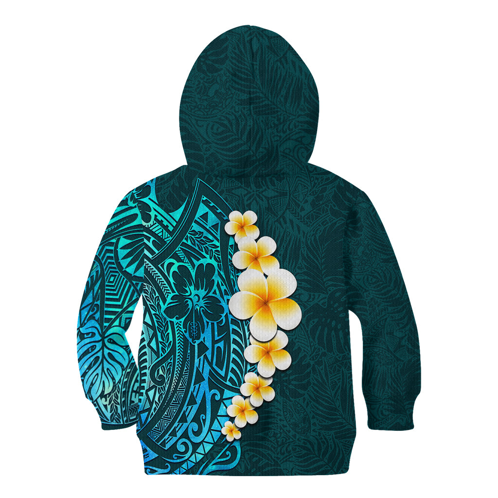 Turquosie Polynesia Kid Hoodie Plumeria Tropical Leaves With Galaxy Polynesian Art - Wonder Print Shop
