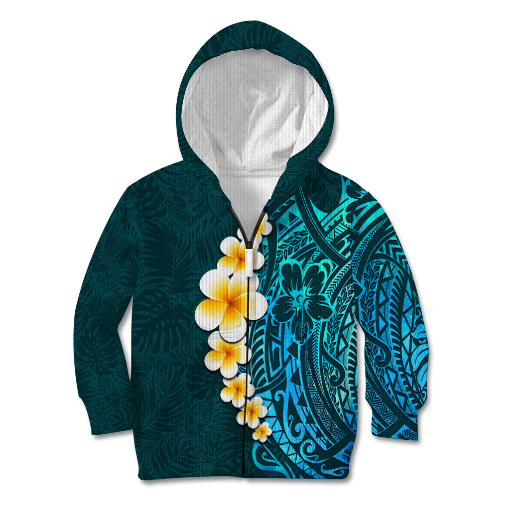 Turquosie Polynesia Kid Hoodie Plumeria Tropical Leaves With Galaxy Polynesian Art - Wonder Print Shop