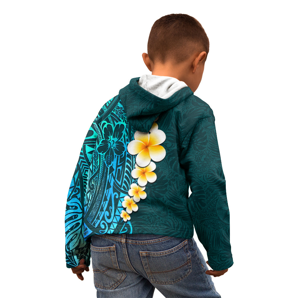 Turquosie Polynesia Kid Hoodie Plumeria Tropical Leaves With Galaxy Polynesian Art - Wonder Print Shop