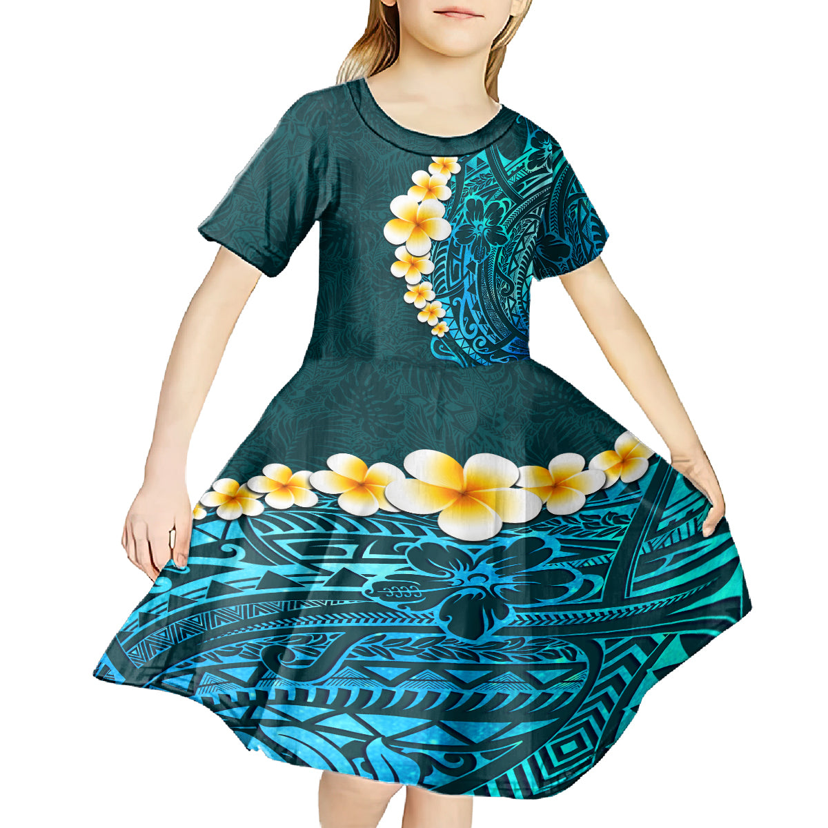 Turquosie Polynesia Kid Short Sleeve Dress Plumeria Tropical Leaves With Galaxy Polynesian Art - Wonder Print Shop
