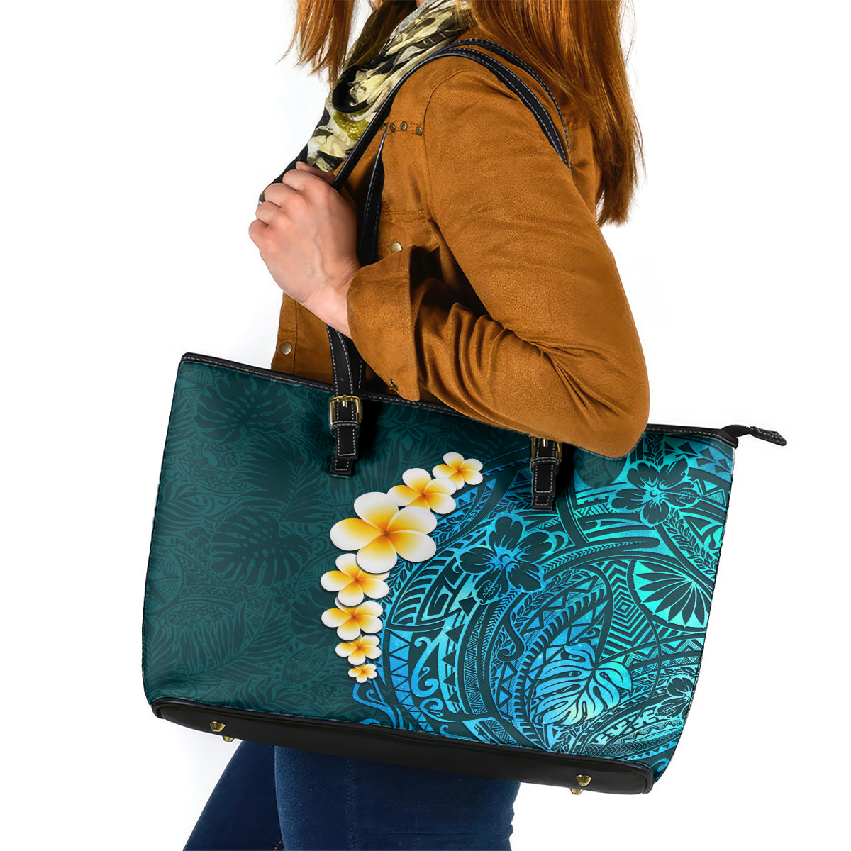 Turquosie Polynesia Leather Tote Bag Plumeria Tropical Leaves With Galaxy Polynesian Art - Wonder Print Shop