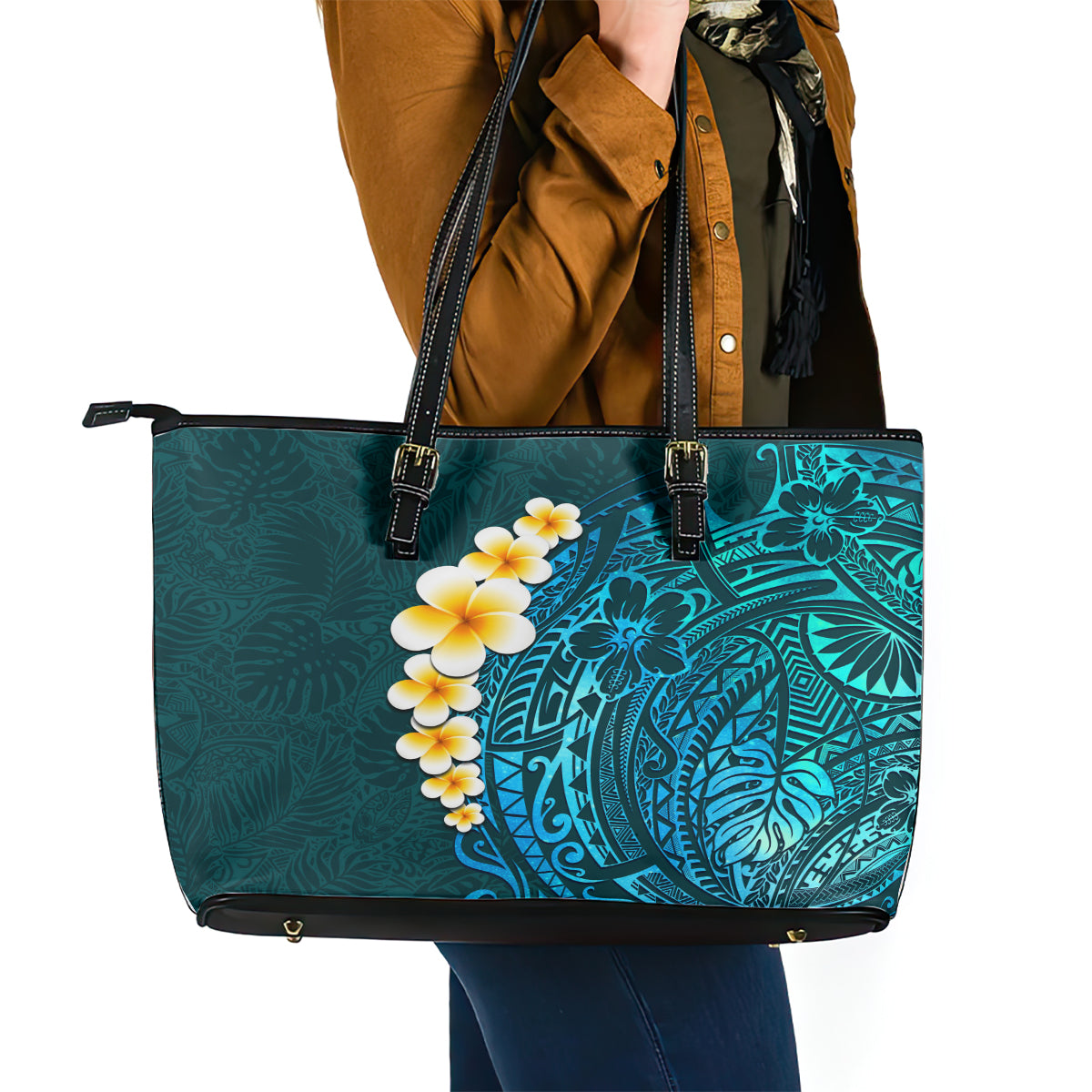 Turquosie Polynesia Leather Tote Bag Plumeria Tropical Leaves With Galaxy Polynesian Art - Wonder Print Shop
