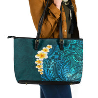 Turquosie Polynesia Leather Tote Bag Plumeria Tropical Leaves With Galaxy Polynesian Art - Wonder Print Shop