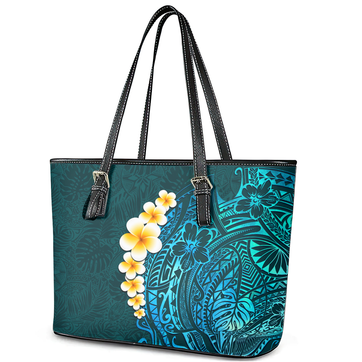 Turquosie Polynesia Leather Tote Bag Plumeria Tropical Leaves With Galaxy Polynesian Art - Wonder Print Shop