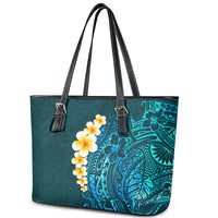 Turquosie Polynesia Leather Tote Bag Plumeria Tropical Leaves With Galaxy Polynesian Art - Wonder Print Shop