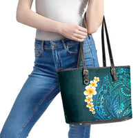 Turquosie Polynesia Leather Tote Bag Plumeria Tropical Leaves With Galaxy Polynesian Art - Wonder Print Shop