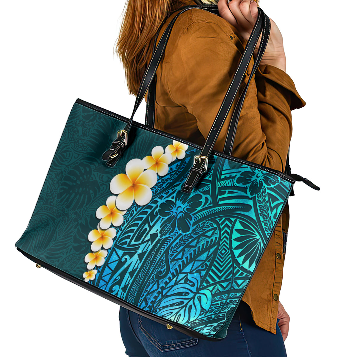Turquosie Polynesia Leather Tote Bag Plumeria Tropical Leaves With Galaxy Polynesian Art - Wonder Print Shop