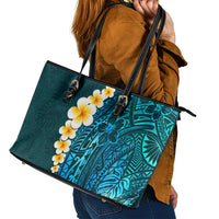 Turquosie Polynesia Leather Tote Bag Plumeria Tropical Leaves With Galaxy Polynesian Art - Wonder Print Shop