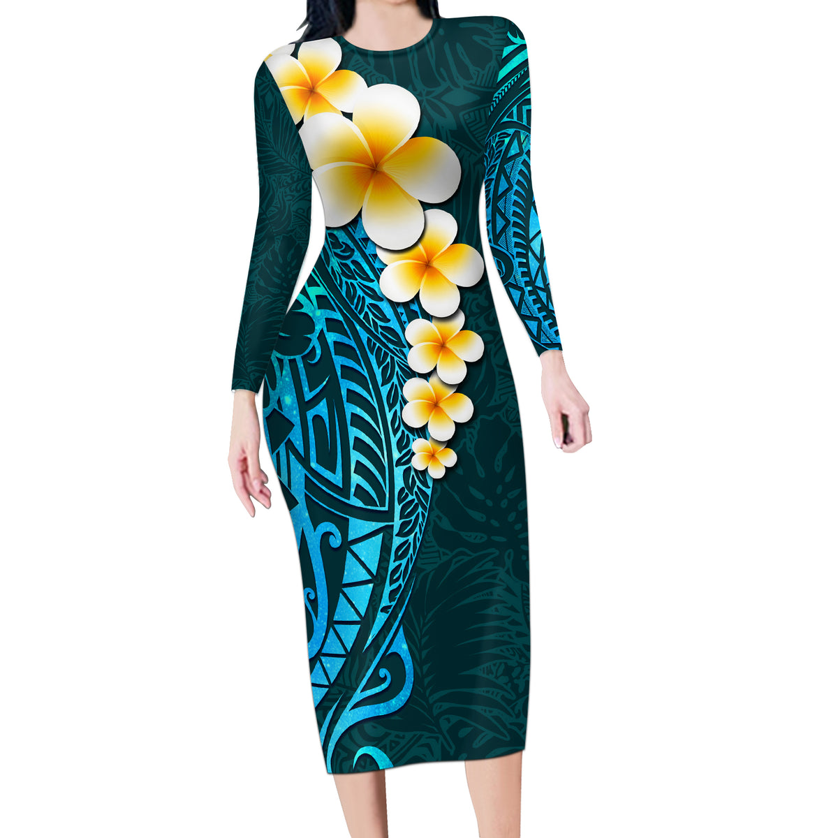 Turquosie Polynesia Long Sleeve Bodycon Dress Plumeria Tropical Leaves With Galaxy Polynesian Art - Wonder Print Shop