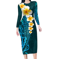 Turquosie Polynesia Long Sleeve Bodycon Dress Plumeria Tropical Leaves With Galaxy Polynesian Art - Wonder Print Shop