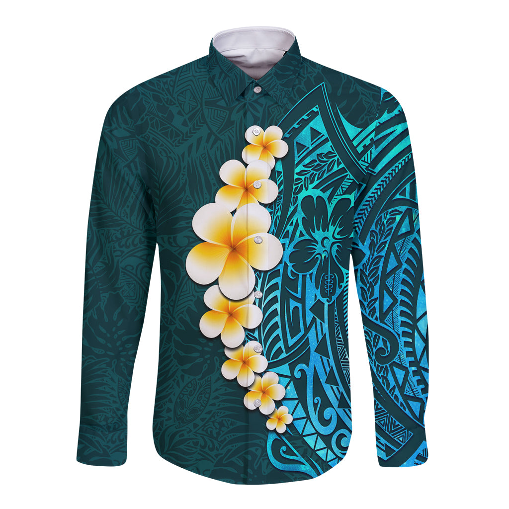 Turquosie Polynesia Long Sleeve Button Shirt Plumeria Tropical Leaves With Galaxy Polynesian Art - Wonder Print Shop