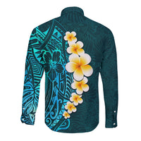 Turquosie Polynesia Long Sleeve Button Shirt Plumeria Tropical Leaves With Galaxy Polynesian Art - Wonder Print Shop