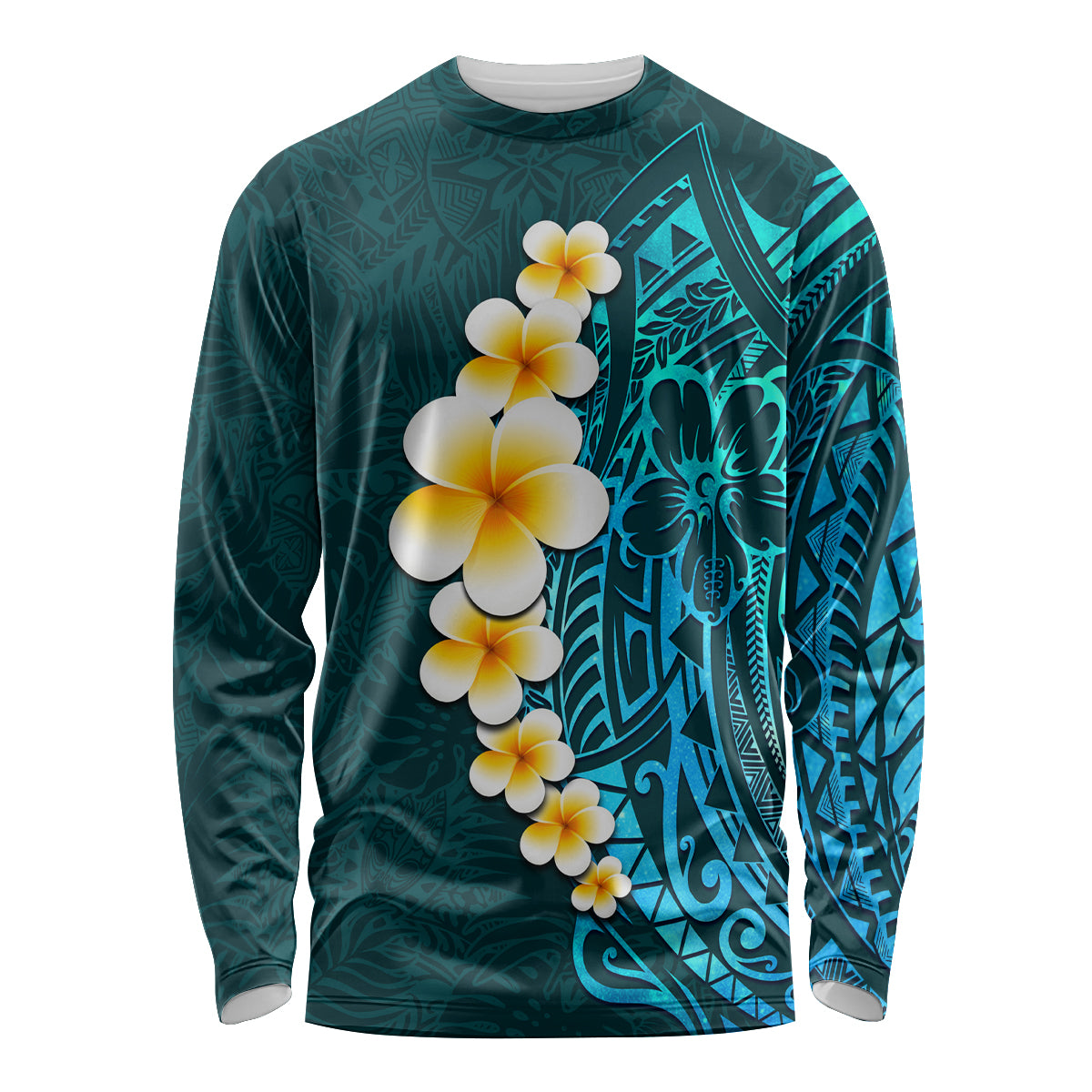 Turquosie Polynesia Long Sleeve Shirt Plumeria Tropical Leaves With Galaxy Polynesian Art - Wonder Print Shop