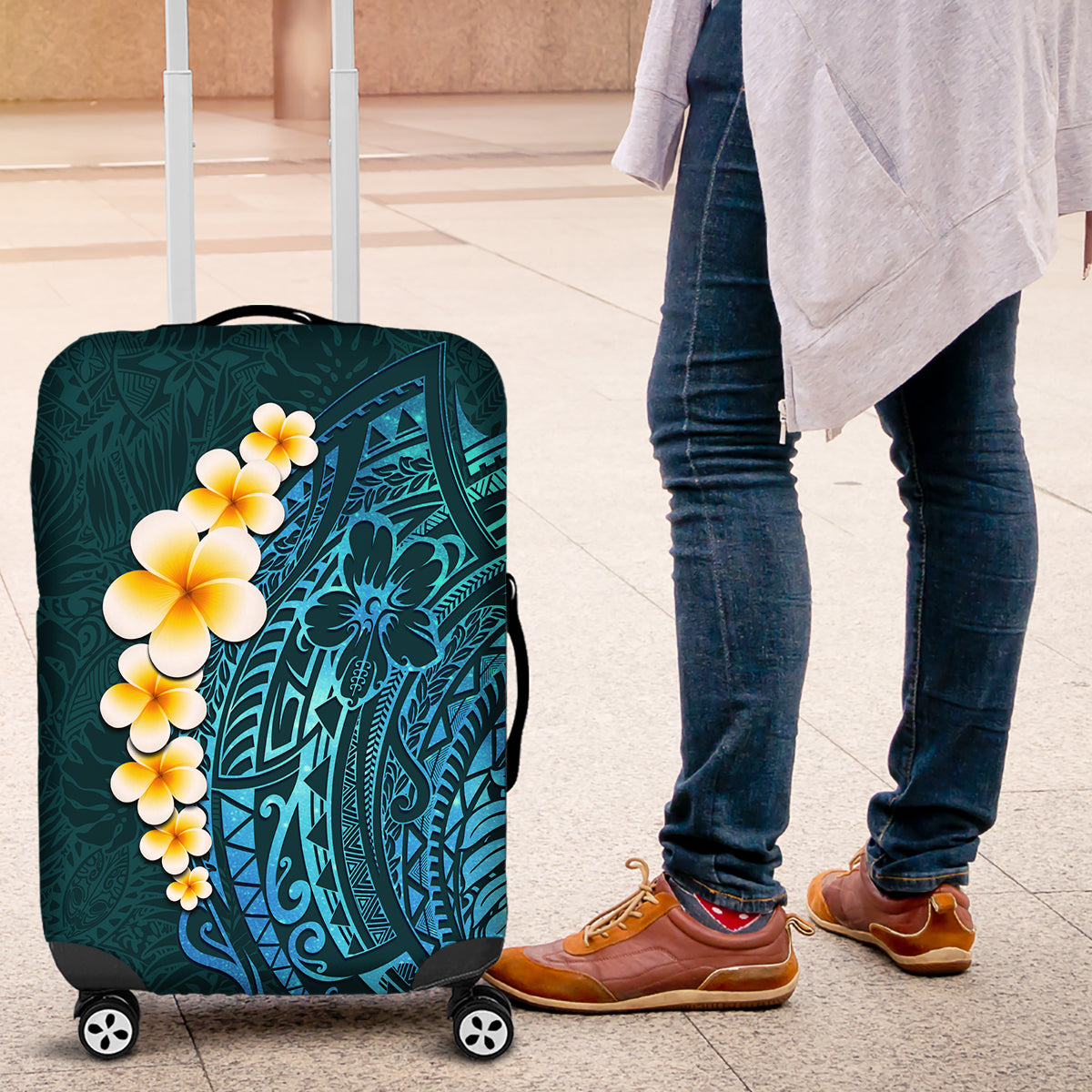 Turquosie Polynesia Luggage Cover Plumeria Tropical Leaves With Galaxy Polynesian Art - Wonder Print Shop