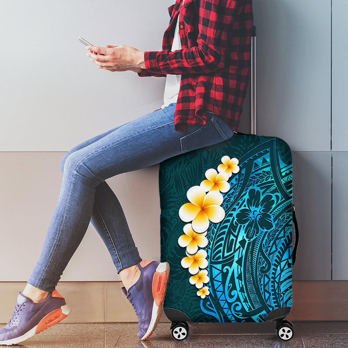 Turquosie Polynesia Luggage Cover Plumeria Tropical Leaves With Galaxy Polynesian Art - Wonder Print Shop