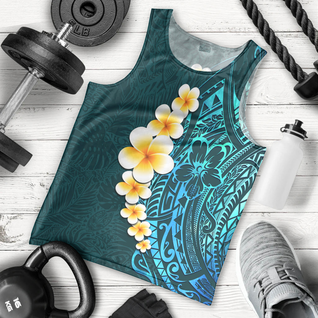 Turquosie Polynesia Men Tank Top Plumeria Tropical Leaves With Galaxy Polynesian Art - Wonder Print Shop