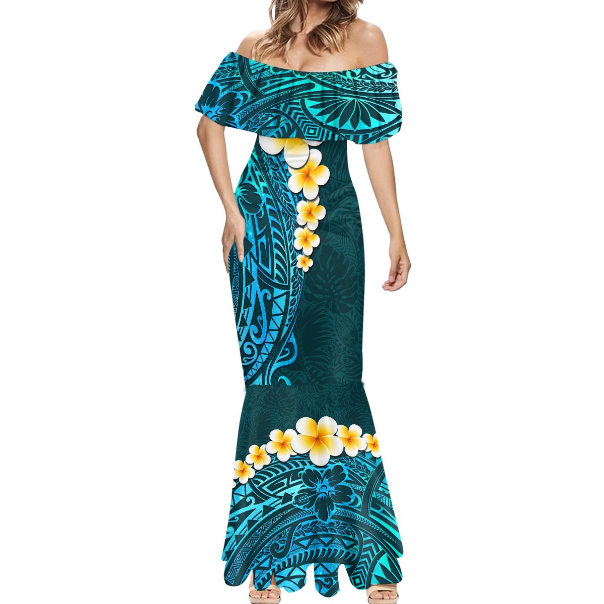 Turquosie Polynesia Mermaid Dress Plumeria Tropical Leaves With Galaxy Polynesian Art - Wonder Print Shop