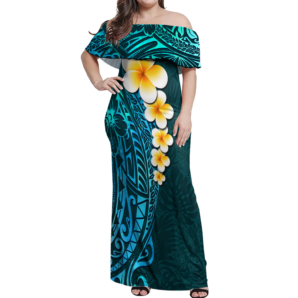 Turquosie Polynesia Off Shoulder Maxi Dress Plumeria Tropical Leaves With Galaxy Polynesian Art - Wonder Print Shop