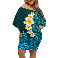 Turquosie Polynesia Off Shoulder Short Dress Plumeria Tropical Leaves With Galaxy Polynesian Art - Wonder Print Shop