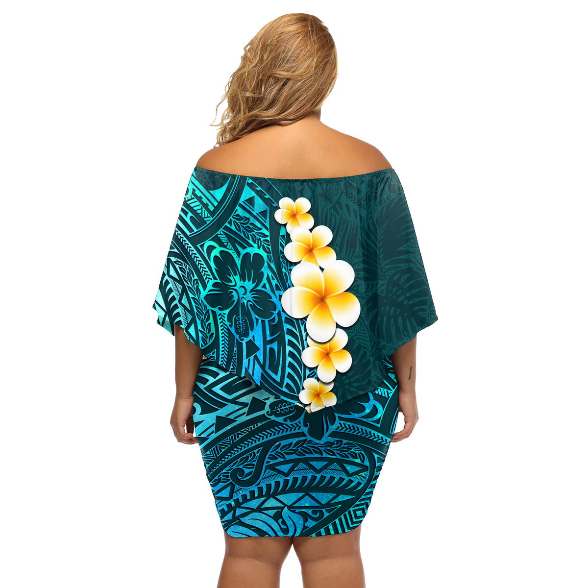 Turquosie Polynesia Off Shoulder Short Dress Plumeria Tropical Leaves With Galaxy Polynesian Art - Wonder Print Shop