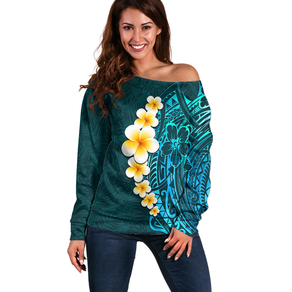 Turquosie Polynesia Off Shoulder Sweater Plumeria Tropical Leaves With Galaxy Polynesian Art - Wonder Print Shop