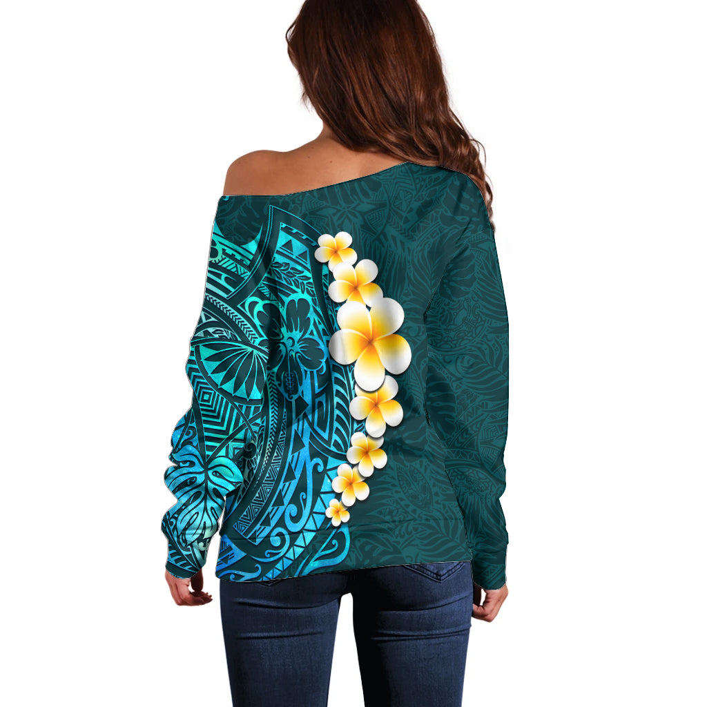 Turquosie Polynesia Off Shoulder Sweater Plumeria Tropical Leaves With Galaxy Polynesian Art - Wonder Print Shop