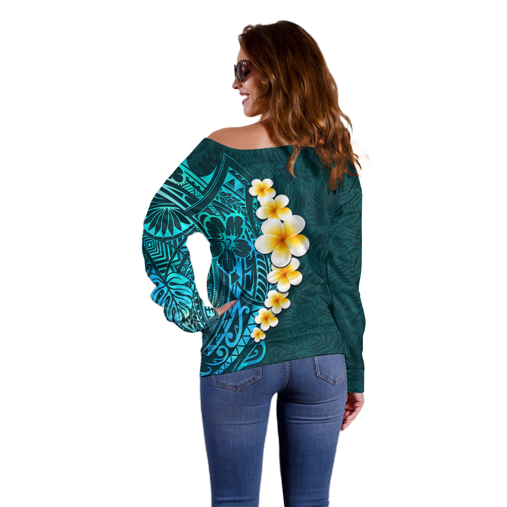 Turquosie Polynesia Off Shoulder Sweater Plumeria Tropical Leaves With Galaxy Polynesian Art - Wonder Print Shop