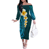 Turquosie Polynesia Off The Shoulder Long Sleeve Dress Plumeria Tropical Leaves With Galaxy Polynesian Art - Wonder Print Shop