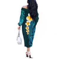 Turquosie Polynesia Off The Shoulder Long Sleeve Dress Plumeria Tropical Leaves With Galaxy Polynesian Art - Wonder Print Shop