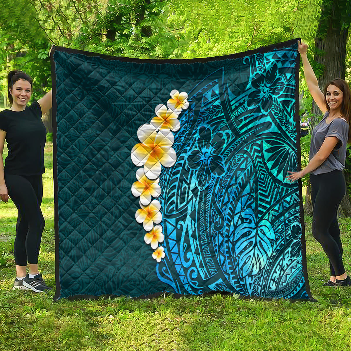 Turquosie Polynesia Quilt Plumeria Tropical Leaves With Galaxy Polynesian Art - Wonder Print Shop