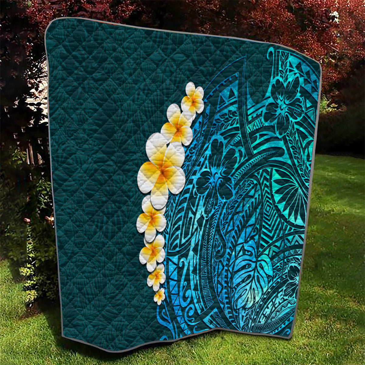 Turquosie Polynesia Quilt Plumeria Tropical Leaves With Galaxy Polynesian Art - Wonder Print Shop