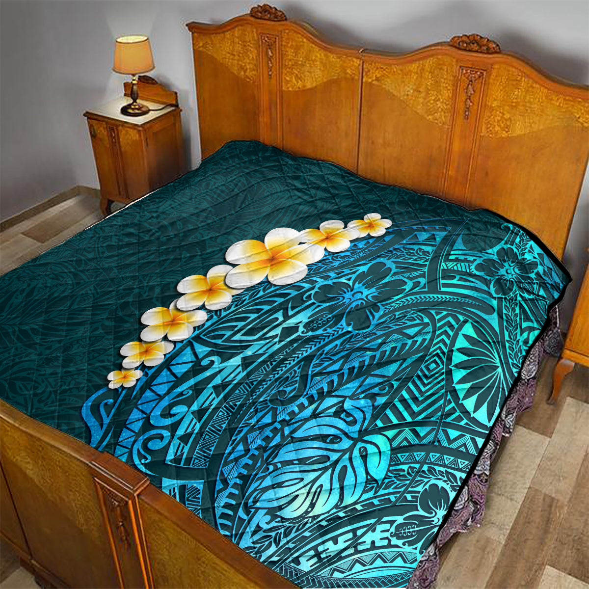 Turquosie Polynesia Quilt Plumeria Tropical Leaves With Galaxy Polynesian Art - Wonder Print Shop