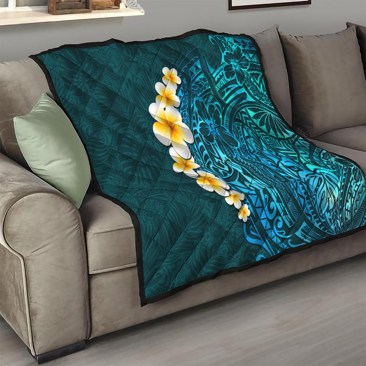 Turquosie Polynesia Quilt Plumeria Tropical Leaves With Galaxy Polynesian Art - Wonder Print Shop